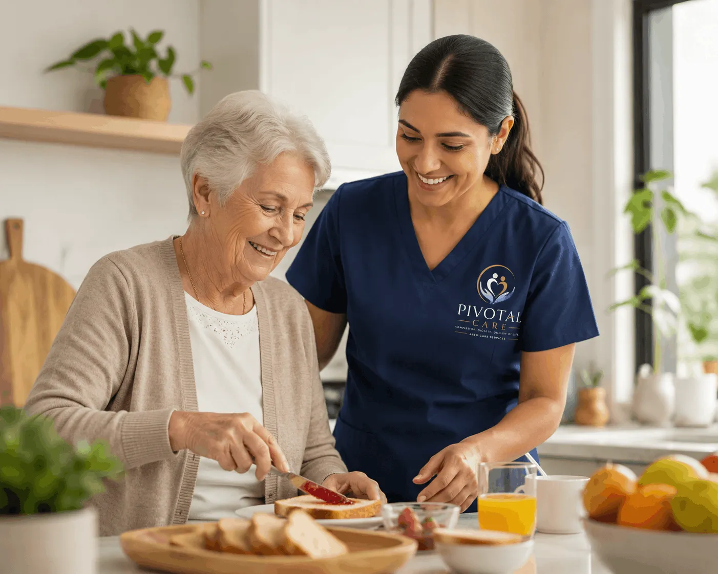 A carer helping an older adult with their morning routine at home